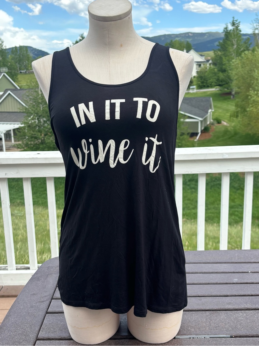 Bear Dance Black Tank Top with White "In It To Wine It" Graphic
